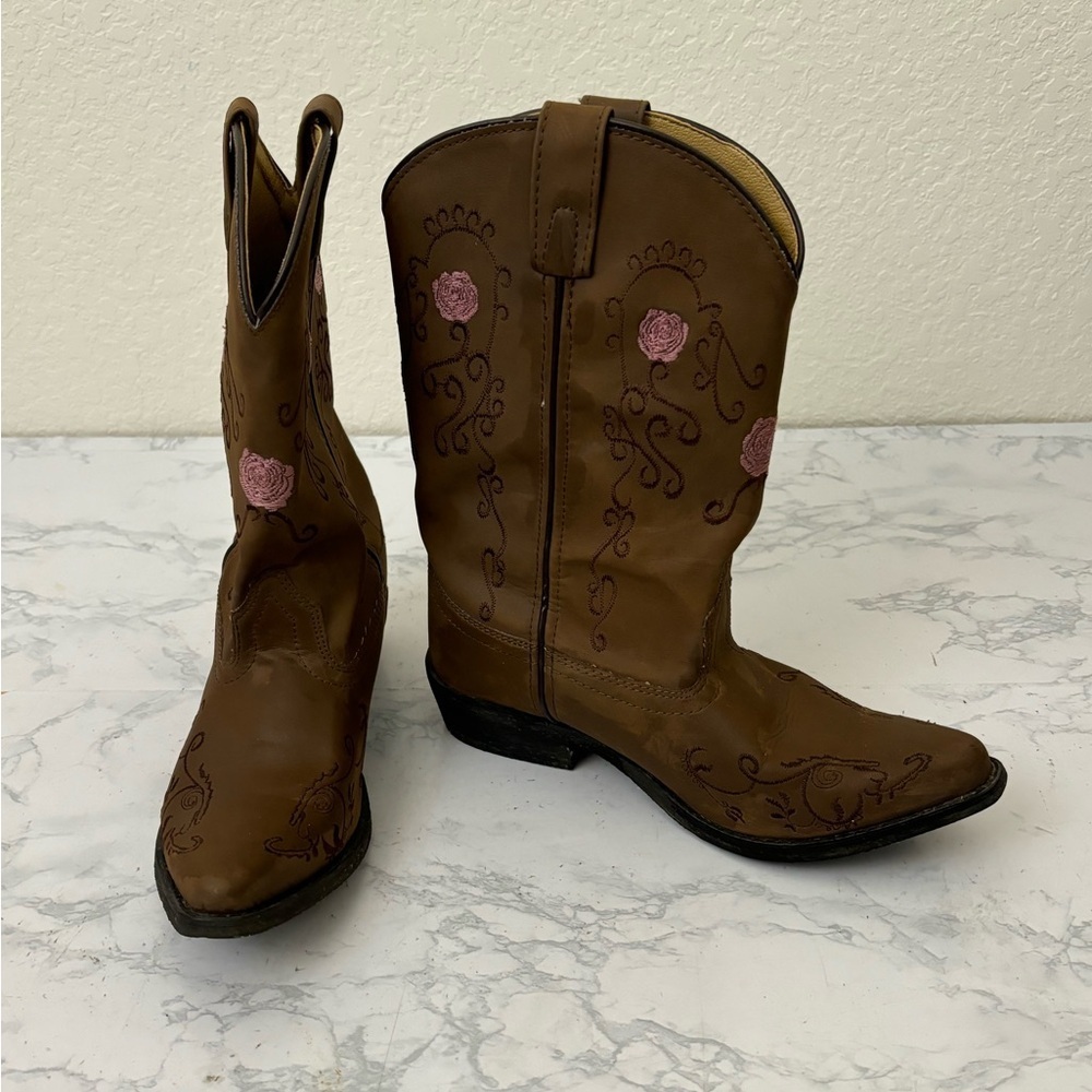 Western Boots Shyanne Floral 4D Brown Pink 414784 Pointed Toe Slip On​​​